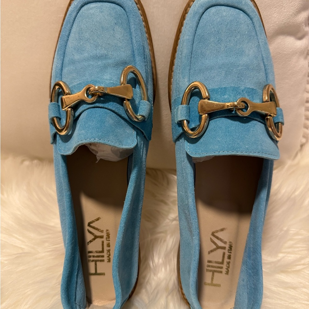 Women's Sky Blue Loafers with Gold Buckle